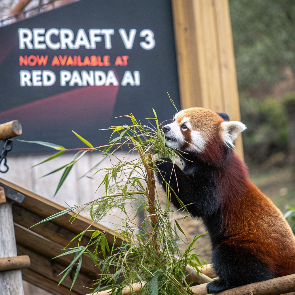 AI generated image by Red Panda AI: a red panda eating a bamboo in front of a poster that says "recraft V3 now available at red panda ai