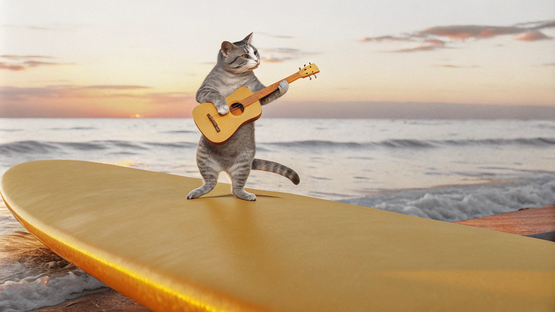 AI generated image by Red Panda AI: Gato surfeando mientras toca la guitarra, hiperrealista, con un atardecer de fondo