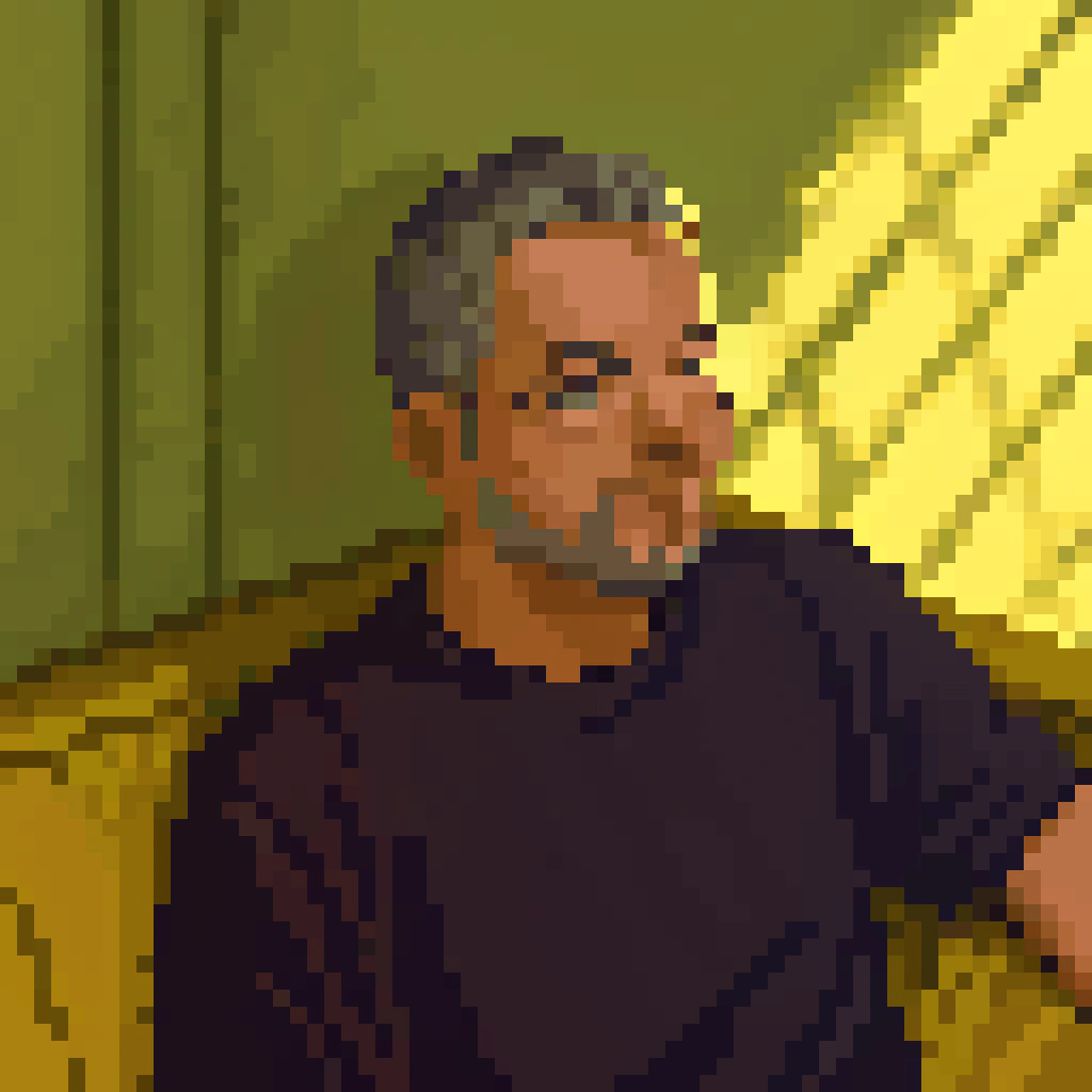 AI generated image by Red Panda AI: a man with short, gray hair, wearing clear glasses and a short, slightly graying beard. His expression is serious, with a slight tilt of his head toward the camera. He is wearing a black T-shirt and is seated on a sofa against a light green background. The lighting is soft, likely natural, coming from one side.