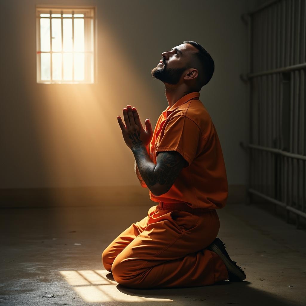 AI generated image by FLUX.1-pro: A prisoner kneeling on the floor of a prison cell, looking upward with hands clasped in prayer. Soft light shines through a small barred window, illuminating his face with a heavenly glow. His expression shows deep faith, repentance, and hope. He wears an orange prison uniform and has visible tattoos on his arms. The cell around him is dark and bare, but a warm, divine light surrounds him, symbolizing a powerful spiritual connection or the presence of God.