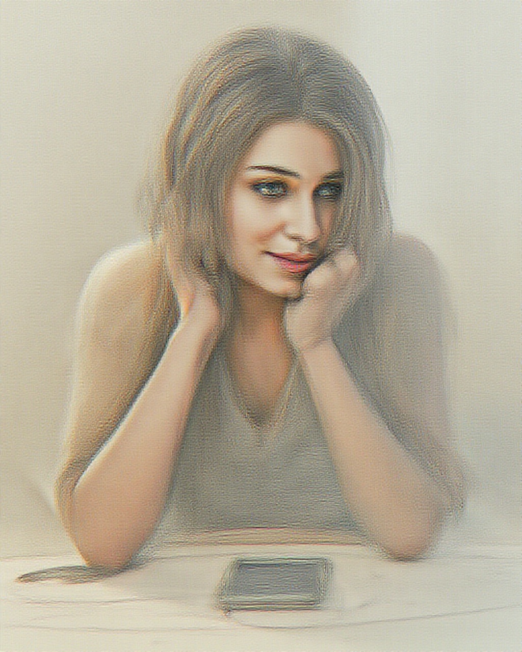 AI generated image by FLUX.1-pro: Persona sentada mirando el teléfono (plano medio de la persona con el teléfono sobre la mesa)