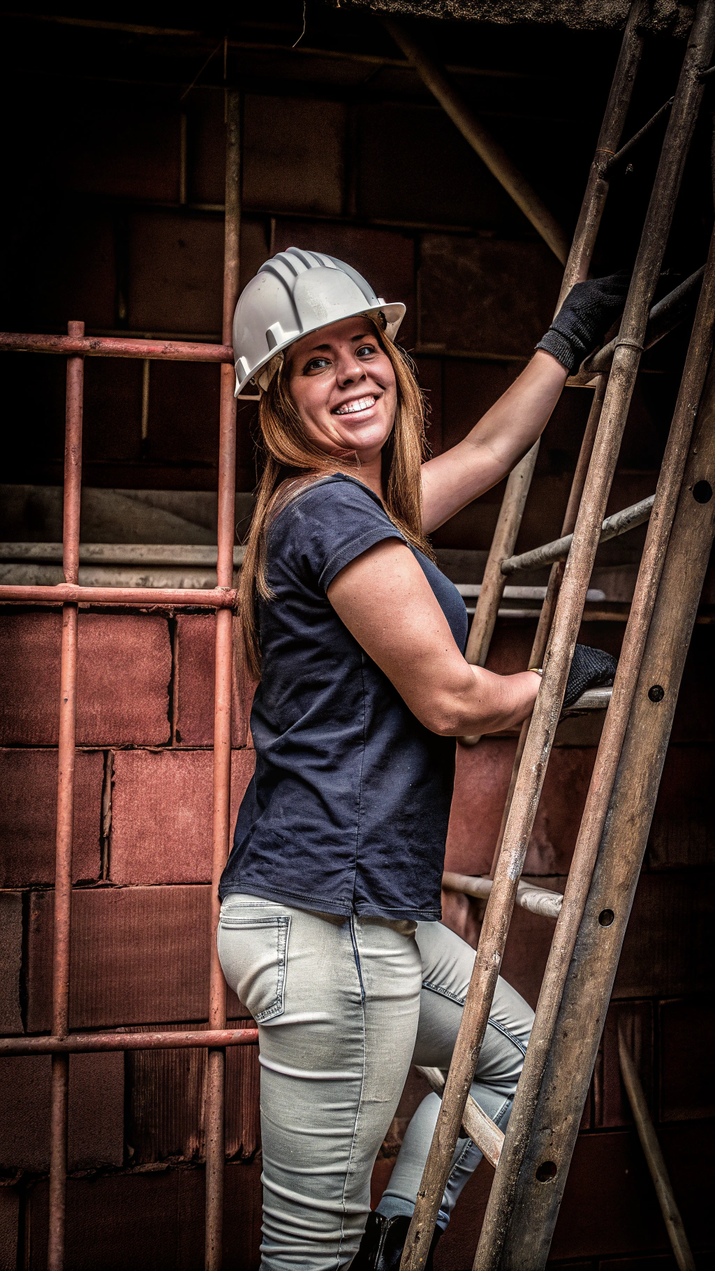 AI generated image by Red Panda AI: A 28-year-old woman, Colombian, long hair, light brown eyes, white skin, fit, smiling, wearing a bricklayer's helmet, navy blue shirt, light jeans and black and gray safety boots, posing in 3/4 profile, Panasonic S1H
, full length, on a solid white background