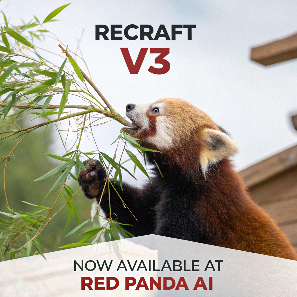 AI generated image by Red Panda AI: a red panda eating a bamboo in front of a poster that says "recraft V3 now available at red panda ai