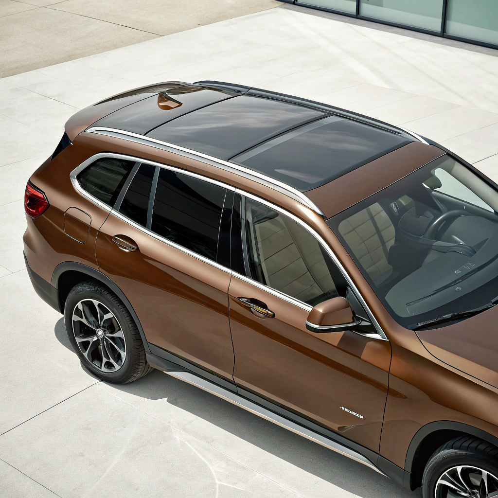 AI generated image by Red Panda AI: Dibuja un BMW X1 en color marrón para la carrocería externa del vehículo, pero con el techo y las carcasas de los retrovisores en gris. Dibújalo desde una perspectiva en la que se vea bien el techo en gris