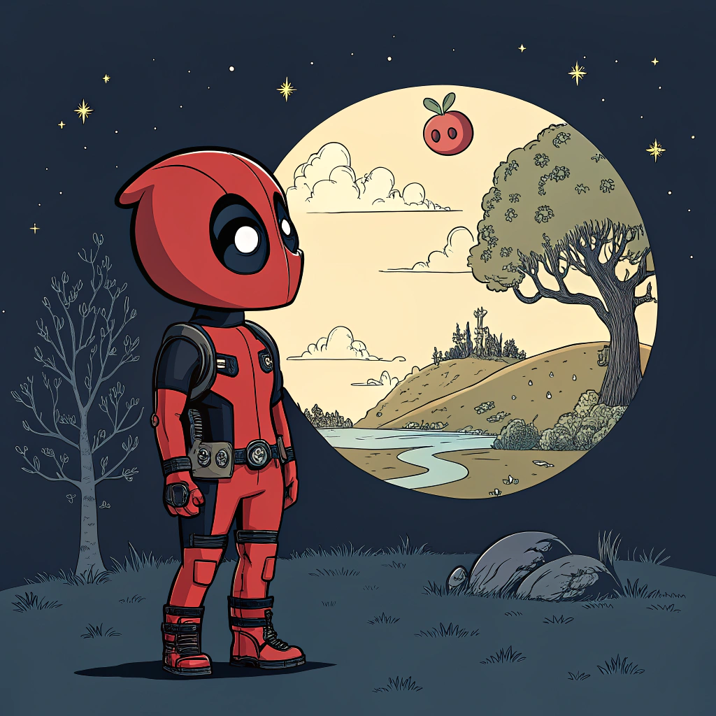 AI generated image by Red Panda AI: genera una imagen con el fondo oscuro y en el centro deadpool mirando un paisaje hacia la derecha estilo cartoon