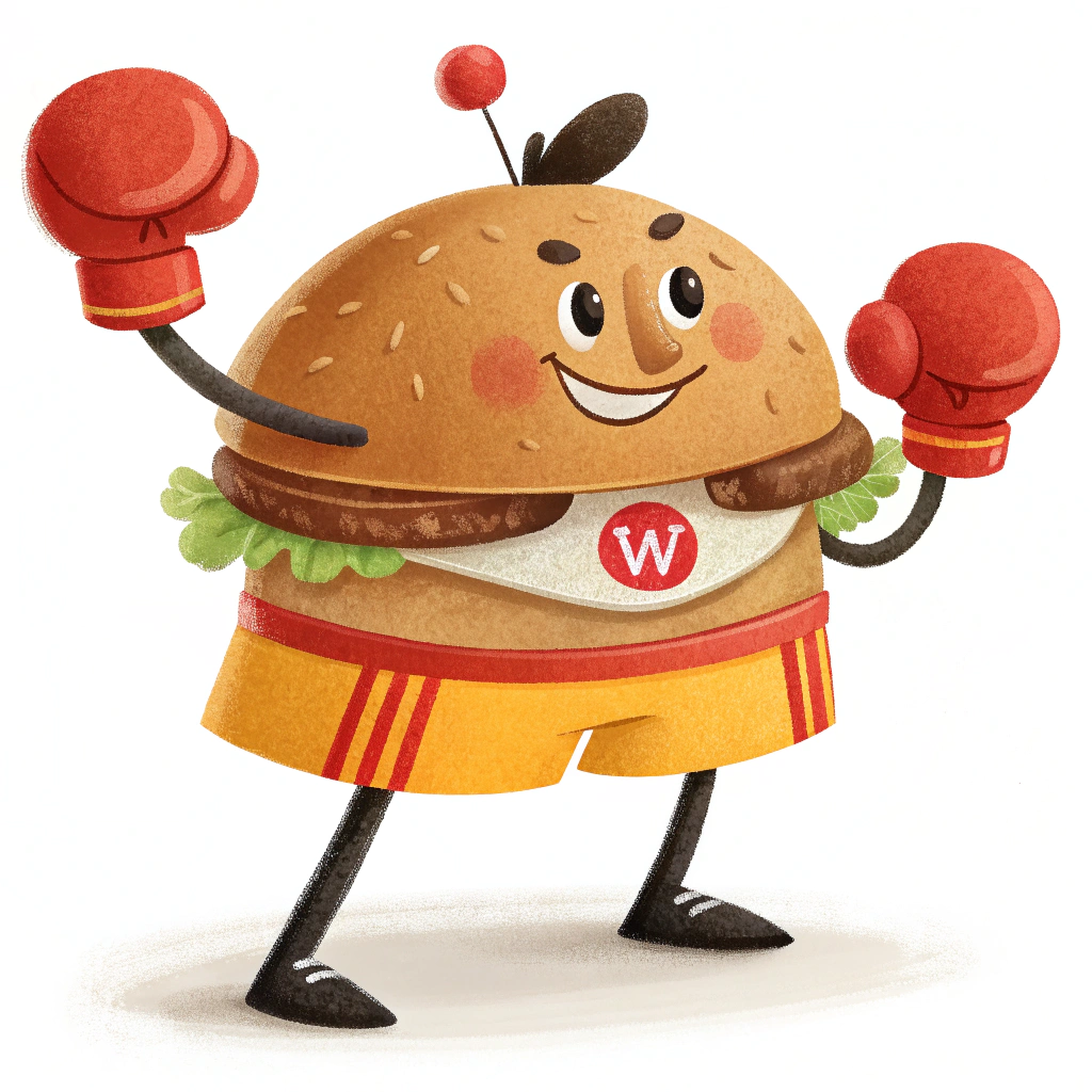 AI generated image by Red Panda AI: smiling cheeseburger in the style of Mayor McCheese, looking straight ahead, with skinny black legs, and skinny black arms, wearing red boxing gloves, and wearing yellow shorts with a red stripe, as logo on a plain white background, there is a red letter "W" on the shorts