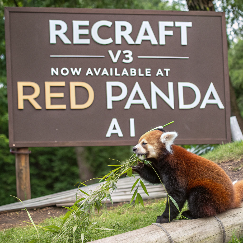 AI generated image by Red Panda AI: a red panda eating a bamboo in front of a poster that says "recraft V3 now available at red panda ai