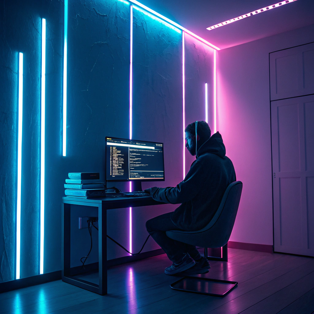 AI generated image by Red Panda AI: Php developer in his dark room with pc and neon lights