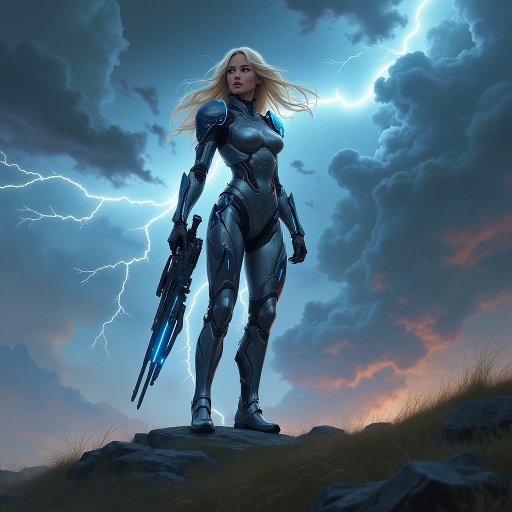 AI generated image by FLUX.1-pro: A beautiful blonde woman stands triumphantly atop a hill, wearing sleek, high-tech cyber warrior armor with metallic textures and glowing blue highlights. Her armor is intricate and form-fitting, designed for agility and strength. She holds a futuristic, high-tech weapon in one hand, detailed with advanced, glowing elements that add an otherworldly effect. Her expression is confident and resolute as she gazes into the distance, her hair blowing in the wind. Behind her, a dramatic sky filled with dark thunderstorm clouds and flashes of lightning adds a powerful, intense backdrop, enhancing the scene's epic, sci-fi atmosphere