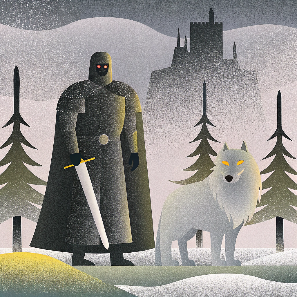 AI generated image by Red Panda AI: "A dark, weathered knight clad in battle-worn blackened armor stands solemnly in an eerie marshland at dusk. His cloak, tattered and damp, billows in the cold, whispering wind. Beside him, a massive wolf with piercing amber eyes and a coat streaked with silver and shadow stands alert—fierce yet devoted, exuding loyalty and raw power. In the misty distance, a towering, ancient castle looms, half-shrouded in fog, its jagged spires silhouetted against a brooding overcast sky. The murky marsh reflects twisted trees and glimmers of fading light, casting an otherworldly glow across the hauntingly beautiful landscape."