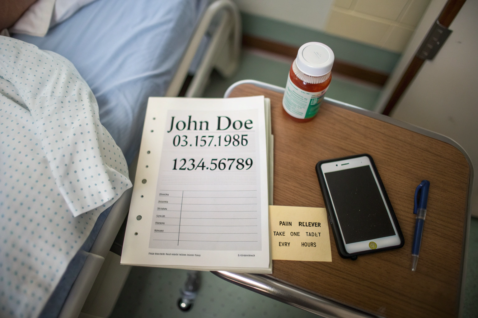 AI generated image by Red Panda AI: "A hospital room scene viewed from above. On the table, there is a medical file, clearly showing personal information like the patient's name 'John Doe', date of birth '03/15/1985', and medical ID number '123456789'. Next to the file, there is a bottle of medicine with a visible label, showing the medication name 'Pain Reliever' and dosage instructions 'Take one tablet every 4 hours'. Beside the medicine bottle, an iPhone is placed, displaying the lock screen with a partially visible notification. The scene is sharp and clear, with the medical file, medicine bottle, and iPhone all in focus, and no background blur."