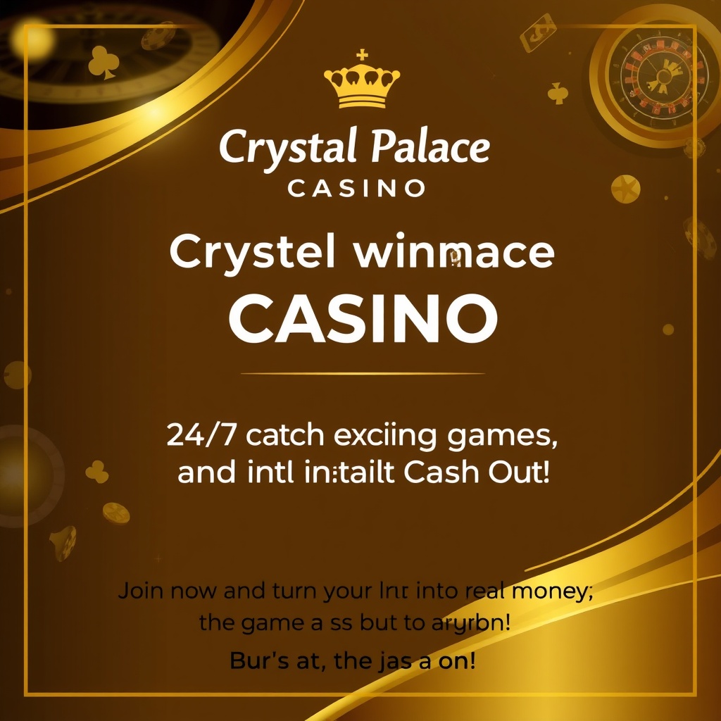 AI generated image by FLUX.1-schnell: Background: A sleek and luxurious design with golden and black colors. You can use images or illustrations of casino games (poker, roulette, slots).
Main Text: "🎰 Crystal Palace Casino – Where winners play! 💰" This should be in a bold and stylish font.
Sub Text: "24/7 action, exciting games, and instant Cash Out! 🏆" Use a slightly smaller font, but still eye-catching.
Call to Action: "Join now and turn your luck into real money. The game is on! 🎉" Place this at the bottom to attract visitors.