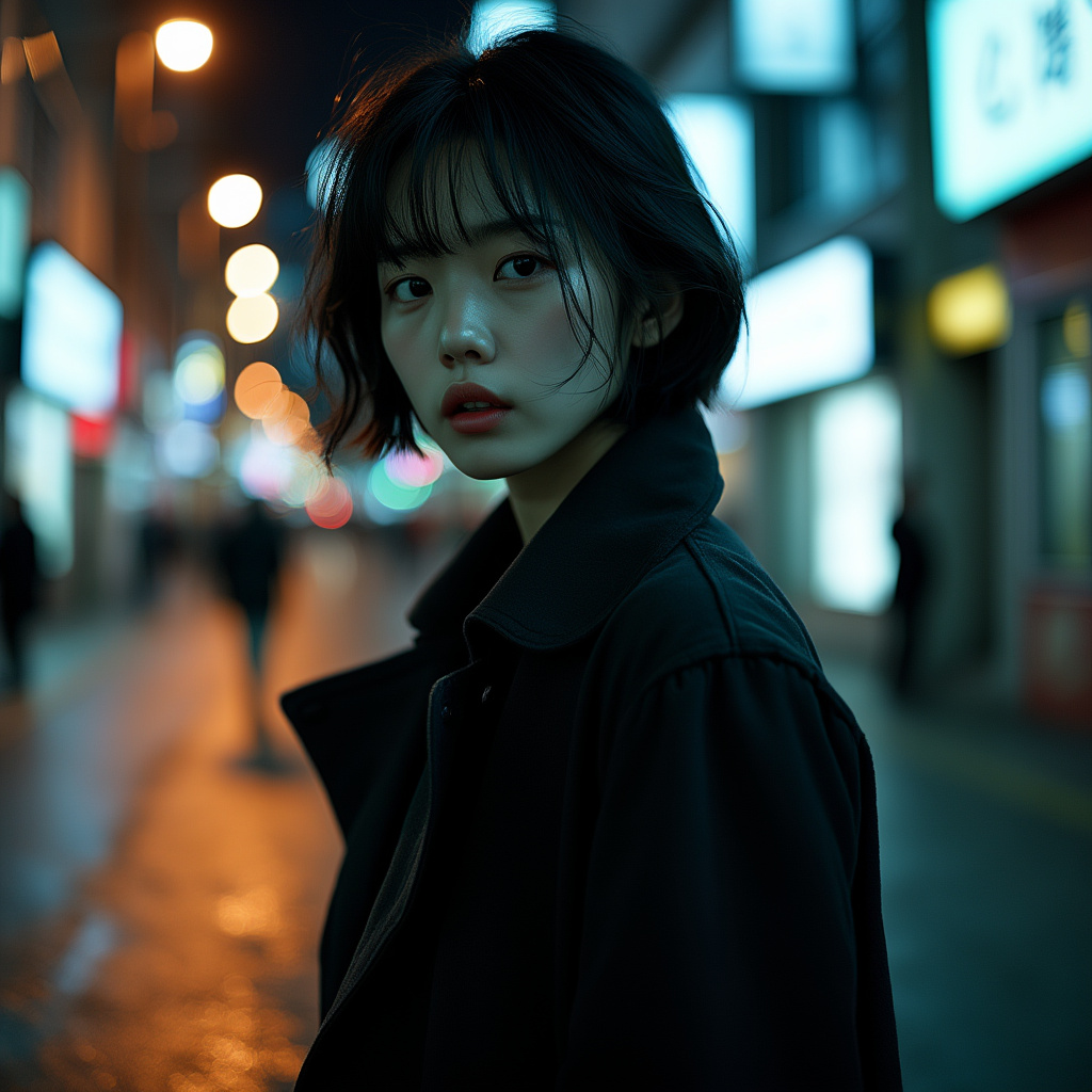 AI generated image by FLUX.1-pro: (Score_9,Score_8_up,Score_7_up:1.21),(photorealistic:1.28),A cinematic photography style image with a 2:3 ratio. An Asian woman,in her twenties,is donned in a black windcoat on a bustling metropolitan street at night. The atmosphere is perilous and taut. High-contrast shadows bestow a mysterious allure. Her expression is fraught with nervousness,and her short black hair is somewhat tousled. Her pale lips tremble slightly. The street lights cast elongated,ghostly shadows. The details are ultra-high,and the resolution is razor-sharp. The composition is a tunnel,highlighting the profound depth and narrow confinement of the street,collarbone,smile,