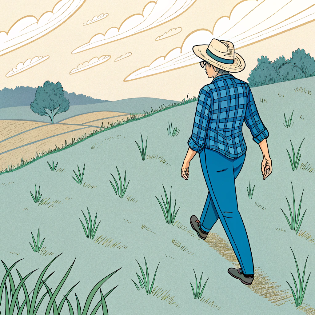 AI generated image by Red Panda AI: una persona como de 50 años blanco con sombrero de camisa cuadriculada azul y pantalon azul subido con con votas picudas entre las parcelas de un angulo de la camara de arriba y que balla caminando