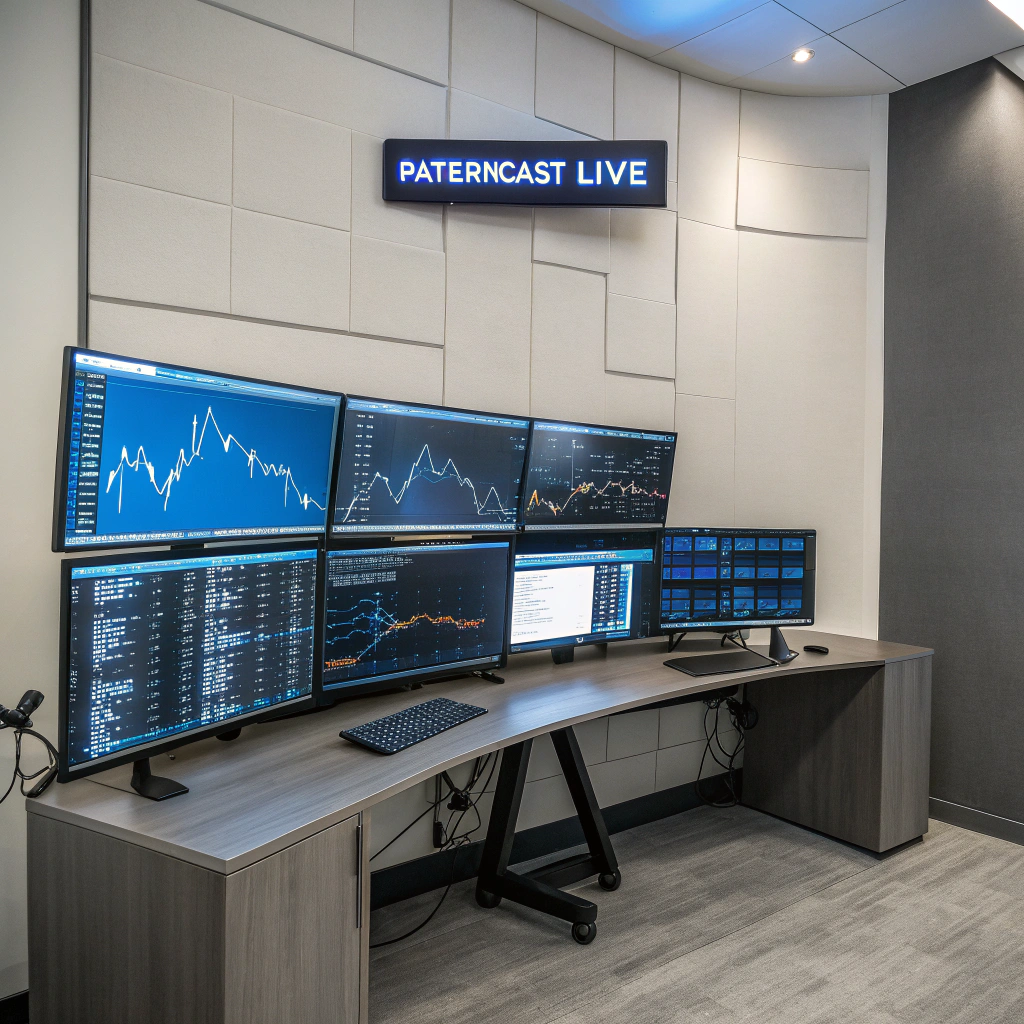 AI generated image by Red Panda AI: sign on wall says "PatternCast Live", a neon sign says "PatternCast Live", Professional trading desk setup with multiple curved monitors displaying blue candlestick charts and technical patterns, minimalist modern office, soft ambient lighting, high-end corporate environment, clean lines, muted blues and grays, photorealistic