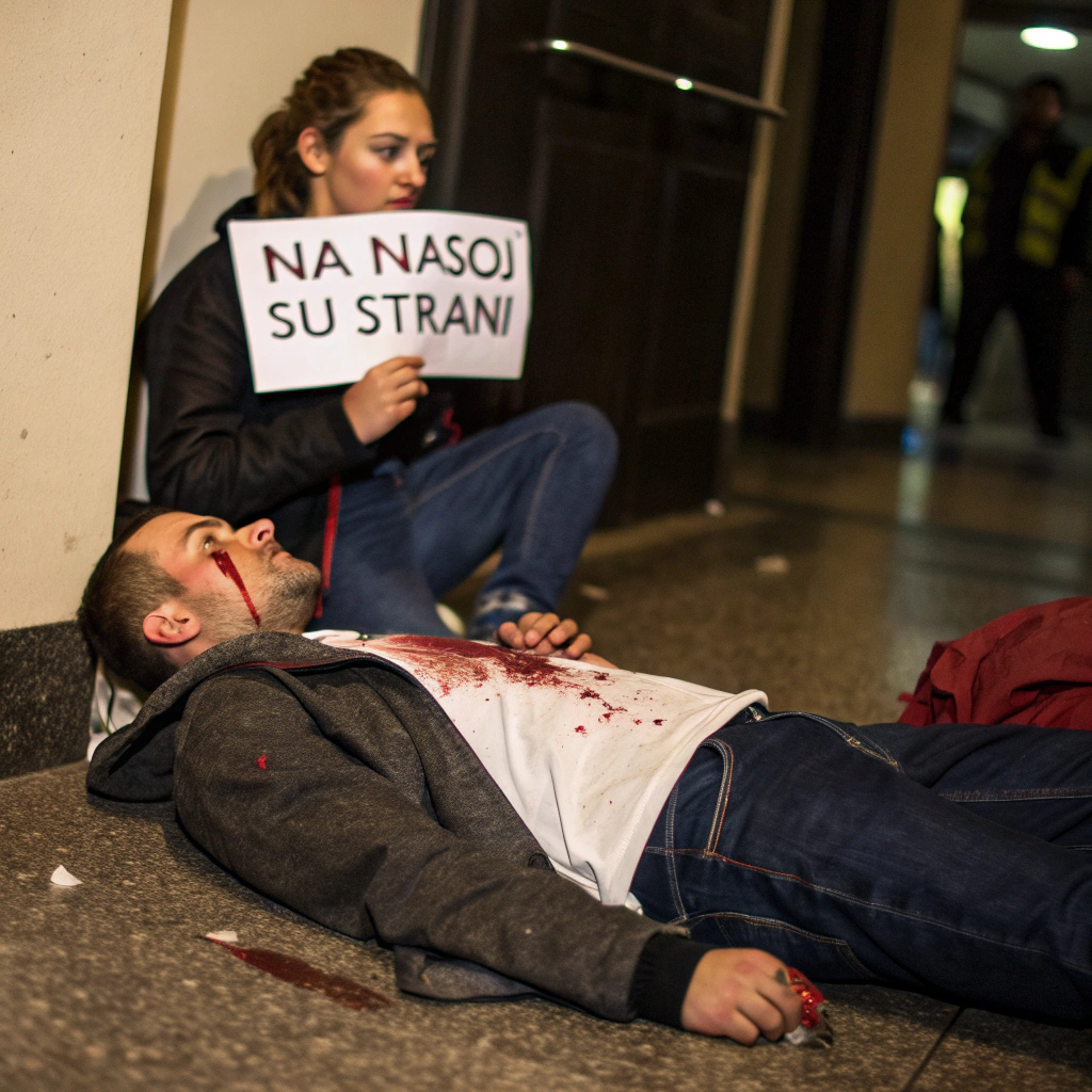 AI generated image by Red Panda AI: Two mans beaten laying on the floor with blood on them and on one corner of an image there is woman holding peace of paper with “na našoj su strani” written on it.