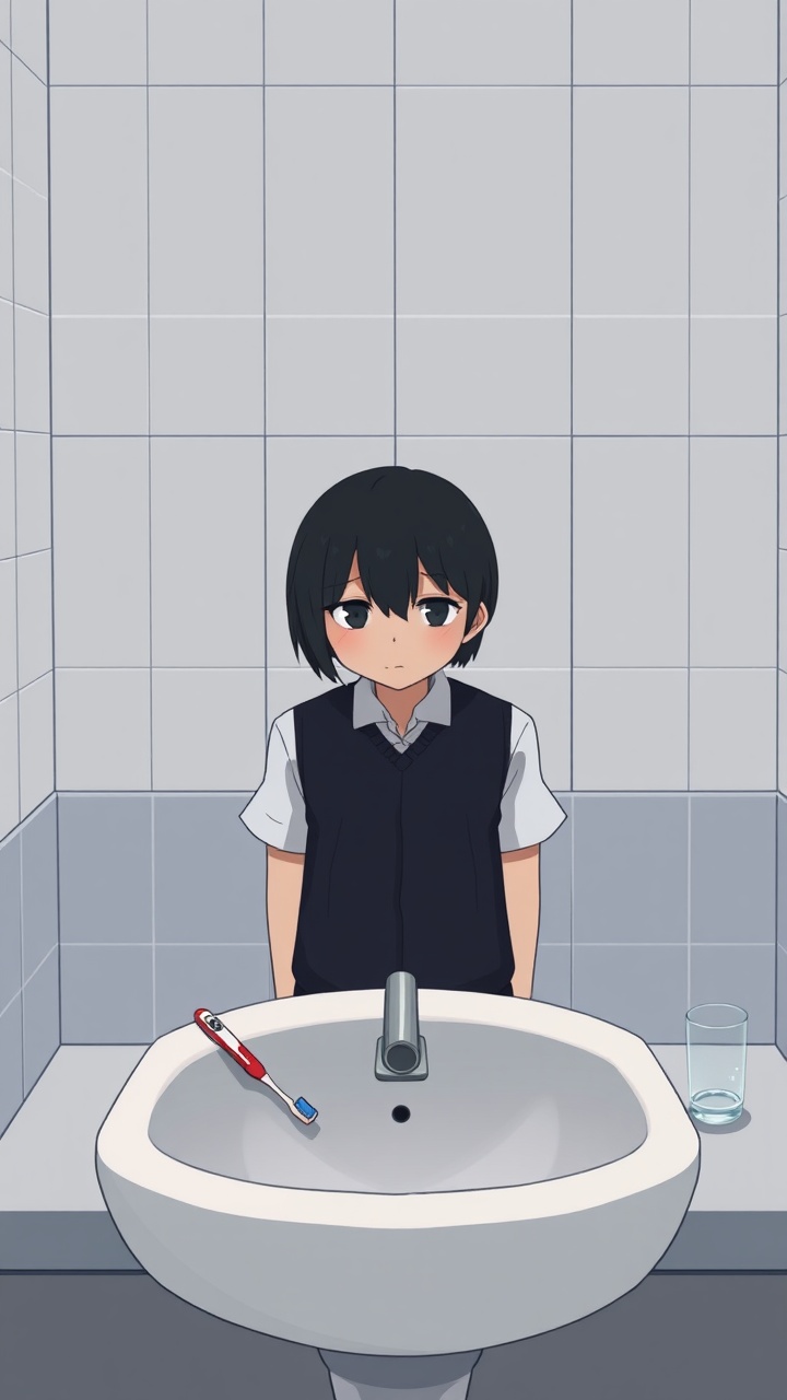 AI generated image by FLUX.1-schnell: Omocat's omori game artstyle, The image depicts a young person standing behind a bathroom sink facing the viewer, their expression somber. Their dark hair is neatly styled, and they are dressed in a white shirt with a dark vest. The tiled walls behind them are plain and featureless, creating a sense of isolation. The sink faces the subject. The only other elements in the scene are a toothbrush and a glass on the counter, suggesting a routine that the individual may find difficult to engage in. The overall mood of the image is melancholic, hinting at a sense of loneliness or sadness. The subdued colors and minimalist composition further contribute to the somber atmosphere. The image leaves room for interpretation, inviting viewers to consider the inner thoughts and feelings of the subject.