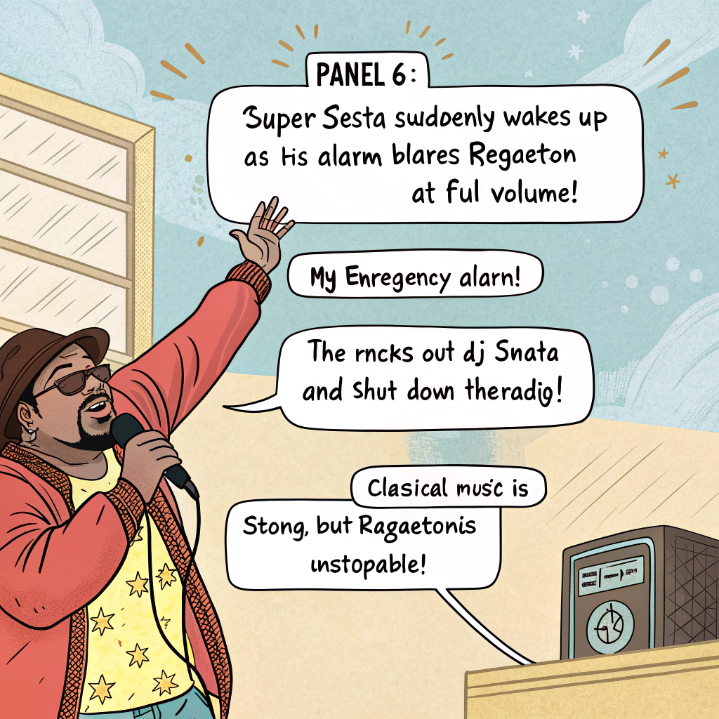 AI generated image by Red Panda AI: Panel 6:
(But Super Siesta suddenly wakes up… because his alarm goes off at full volume playing reggaeton!)
📱 🔊 "My emergency alarm!"
💥 (He knocks out DJ Sonata and shuts down the radio).
💬 "Classical music is strong, but reggaeton is unstoppable!" 🎶💃