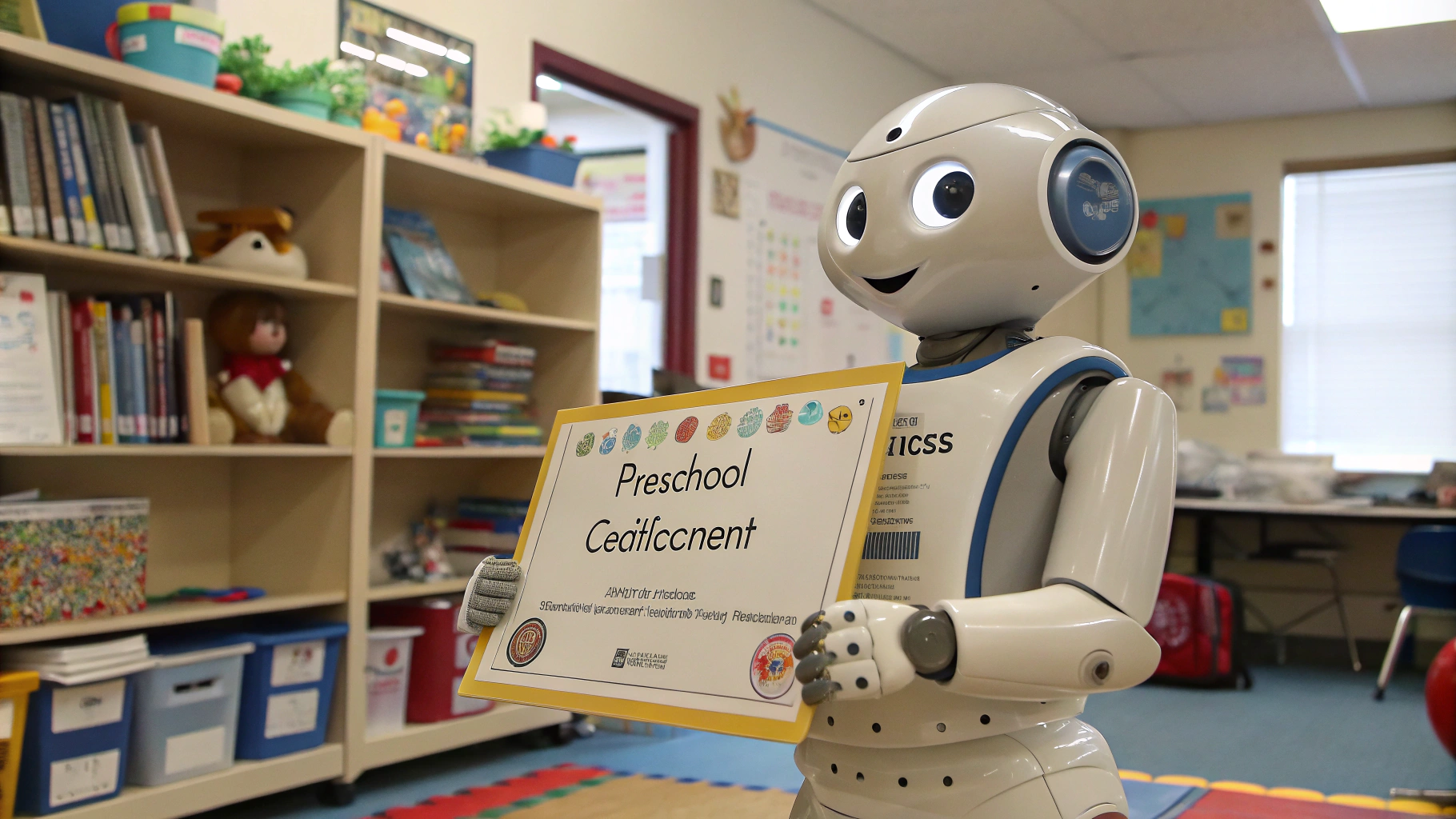 AI generated image by Red Panda AI: A studious robot who has just obtained his preschool certificate
