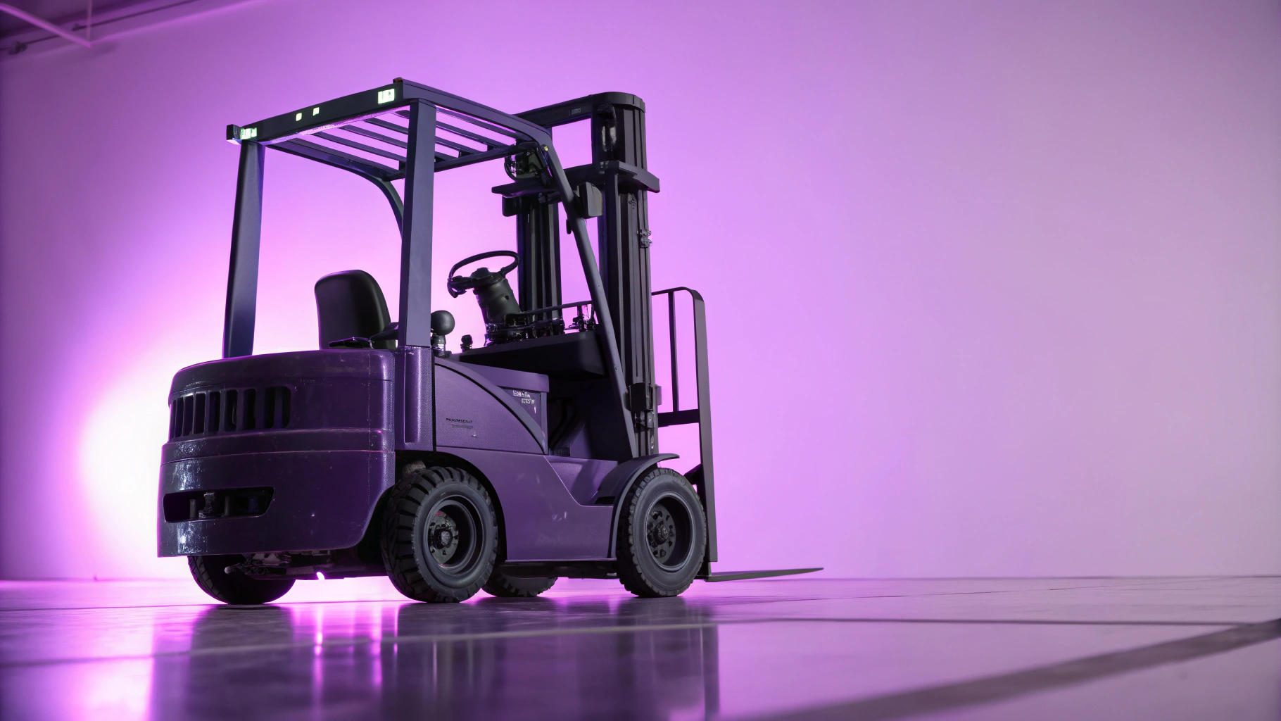 AI generated image by Recraft V3: close up of a dark purple forklift against a bright lavender backdrop smooth backlit hyperealistic minimal futuristic