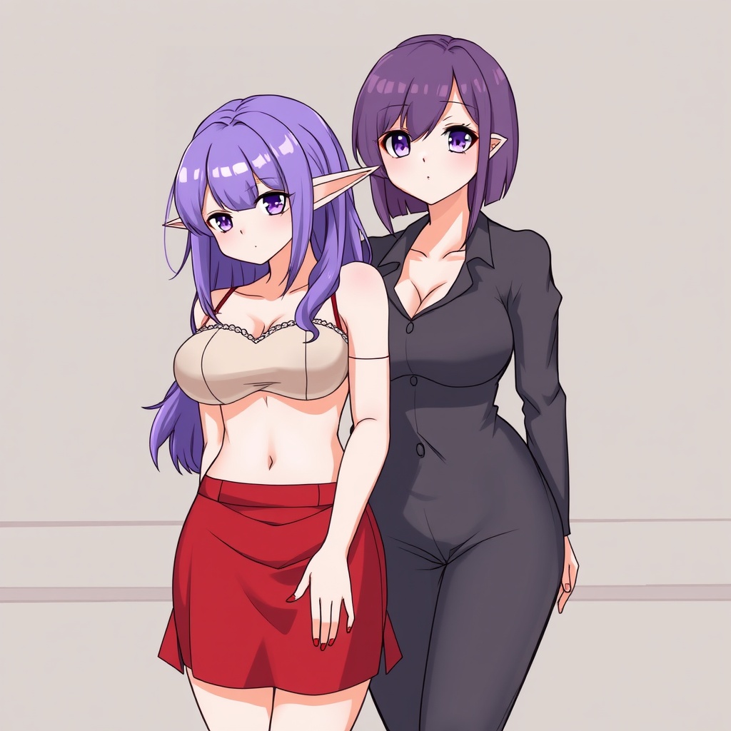AI generated image by FLUX.1-schnell: fundoshi, elf ears, purple hair, round face, oval face, plump, curvy, gyaru, slender, white_skin, fair_skin, teacher, 2girls, 1girl, bouncing breasts, cleavage, areola, nipples, narrow_waist,