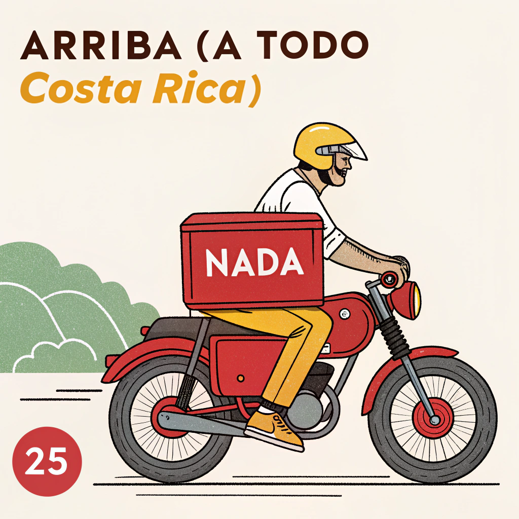 AI generated image by Red Panda AI: Quiero que diga arriba
(a todo Costa Rica)
en el centro nada
y abajo en un 25 porciento a la izquierda una moto con caja repartidora roja, moto roja y llantas tambien rojas con el conductor amarillo de sapatos, pantalon, camisa y casco amarillos