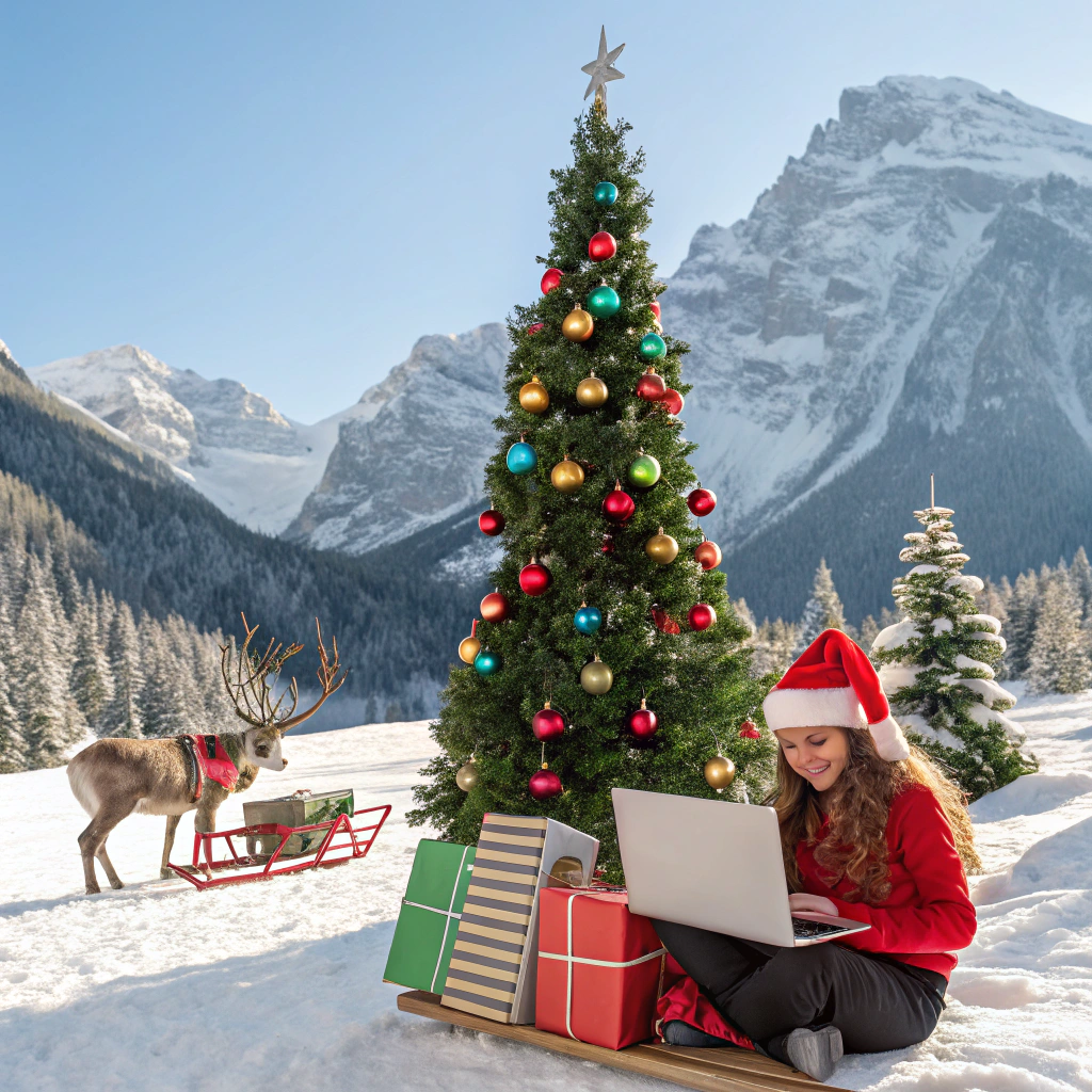AI generated image by Red Panda AI: Generate a Christmas greeting card for clients of an accounting office in pink and lilac colors. There should be a nice big Christmas tree with lots of baubles and presents and an accounting thread computer files, documents. Without any text. It would be best if it looked like a natural photo taken somewhere in the mountains, with snow, with lots of colors winter mountains, beautiful Christmas tree, snow. On a sleigh with reindeer sits a beautiful girl with a Santa hat and a laptop in her hands looking with a smile