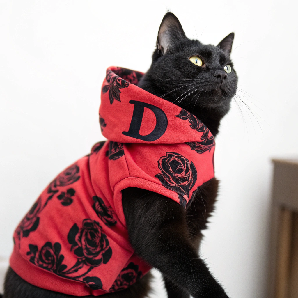 AI generated image by Red Panda AI: Un gato negro parado como un humano con un D ancho negro y una sudadera roja con rosas negras estampadas
