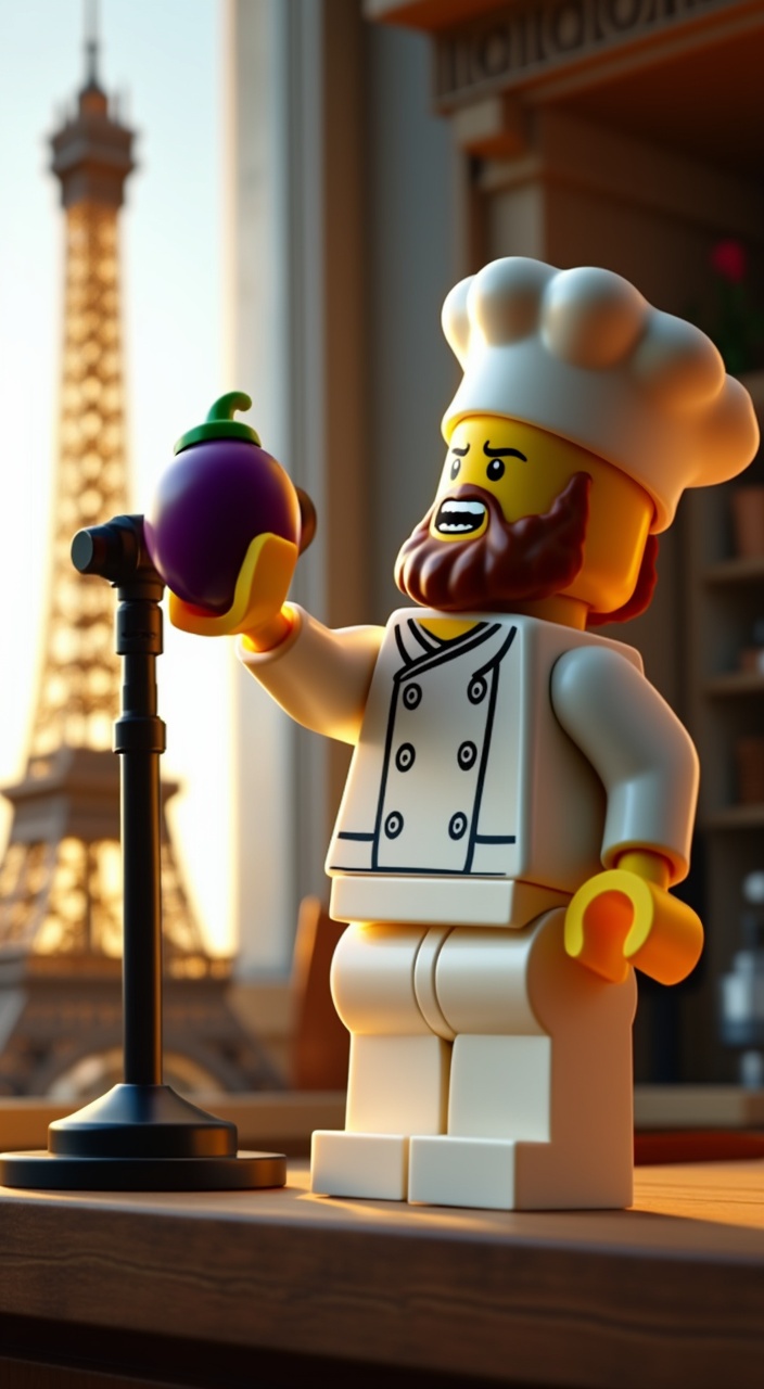 AI generated image by FLUX.1-pro: A highly realistic image of a kitchen scene with a LEGO chef figure who has a brown beard, wearing a white hat, white chef’s coat, and white pants. The LEGO chef is standing near the Eiffel Tower, holding an eggplant like a microphone and singing. The environment, including the Eiffel Tower, lighting, and textures, should be completely realistic, except for the LEGO chef, which should remain in LEGO form.