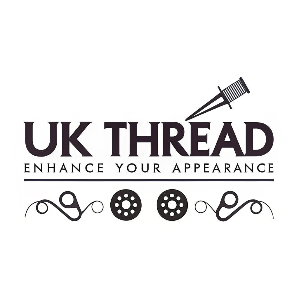 AI generated image by Red Panda AI: A logo for 'UK THREAD'. The logo is predominantly in black and white. The text 'UK THREAD' is written in bold, uppercase letters. Below the text, there's a tagline that reads 'ENHANCE YOUR APPEARANCE'. The design also incorporates a pair of scissors and a needle, symbolizing tailoring or fashion. The logo is centered on a white background, use multiple tailoring
elements such as modern sewing machine and more to build up the letters in the logo