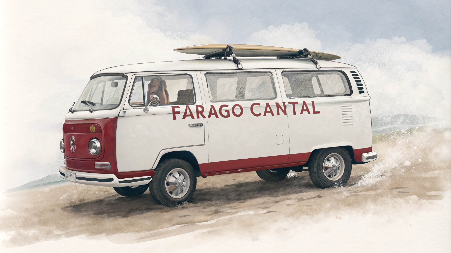 AI generated image by Red Panda AI: Van volkswagen blanc et rouge avec écrit Farago Cantal sur le côté et avec une planche de surf sur le toit. Les bords de l'image ne doivent pas être droits ils doivent être fondu comme dans un nuage.