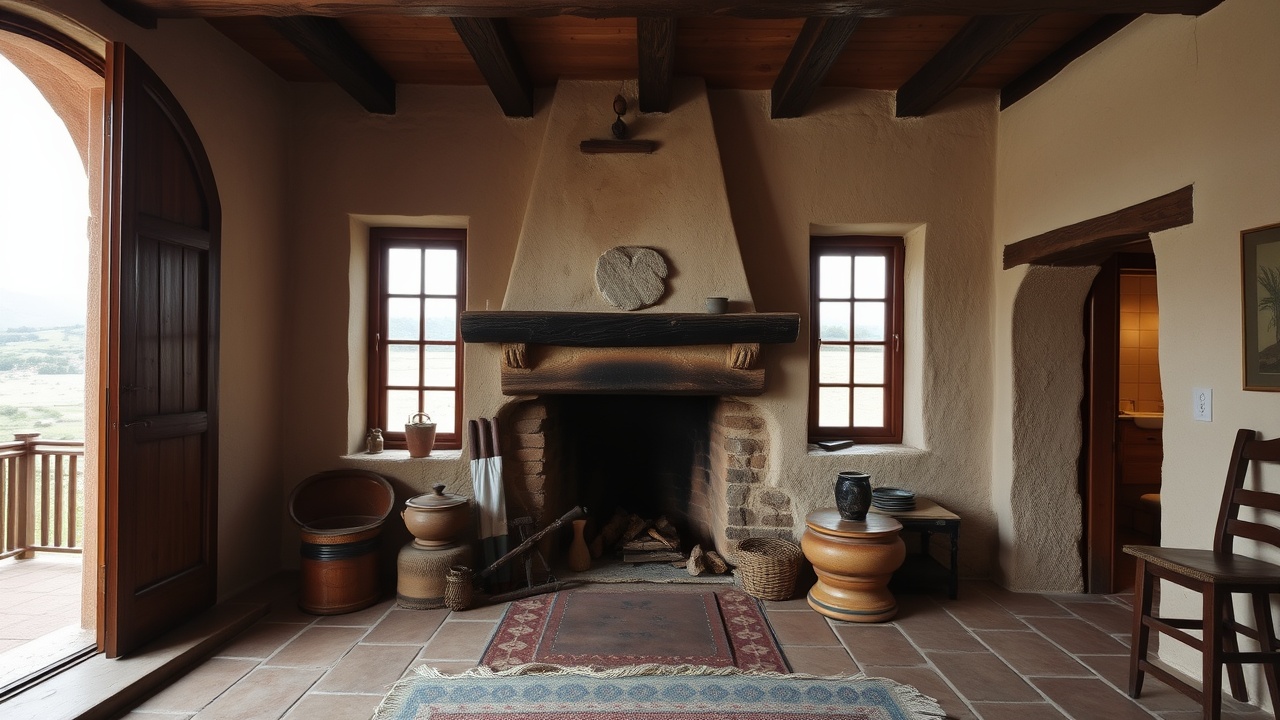 AI generated image by FLUX.1-schnell: En un lugar de las Asturias de España. Sin tiempo. Planta baja de una casa de labranza que trasluce limpio bienestar. Sólida arquitectura de piedra encalada y maderas nobles. Al fondo
amplio portón y ventana sobre el campo. A la derecha arranque de escalera que conduce a las habitaciones altas, y en primer término del mismo lado salida al corral. A la izquierda,
entrada a la cocina, y en primer término la gran chimenea de leña ornada en lejas y vasares con lozas campesinas y el rebrillo rojo y ocre de los cobres. Apoyada en la pared del fondo una guadaña. Rústicos muebles de nogal y un viejo reloj de pared. Sobre el suelo, gruesas esteras de soga. Es de noche. Luz de quinqué.