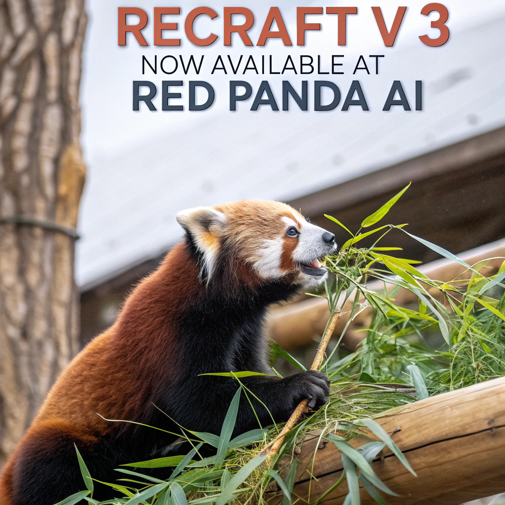 AI generated image by Red Panda AI: a red panda eating a bamboo in front of a poster that says "recraft V3 now available at red panda ai
