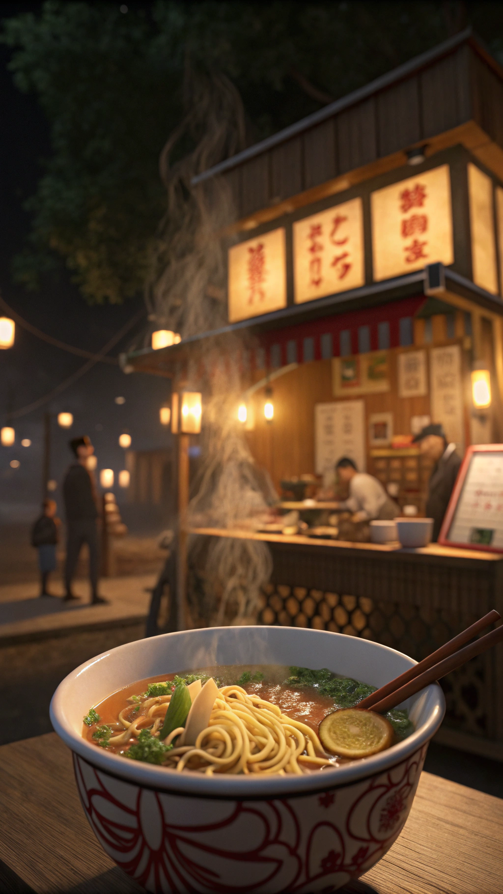 AI generated image by Red Panda AI: --aspect 9:16 studio ghibli anime style, closeup image with a bowl of ramen in the foreground, in the background is A softly lit outdoor ramen stand beckons in the night, tendrils of steam curling out from the open kitchen. Inside, the warm glow of lanterns casts a cozy ambiance over the scene. Rich colors and intricate details transporting the viewer to an Asian night market. Impeccably crafted, this piece invites viewers to savor the sights and smells of the bustling scene. This scene is void of any life, people, characters, or figures