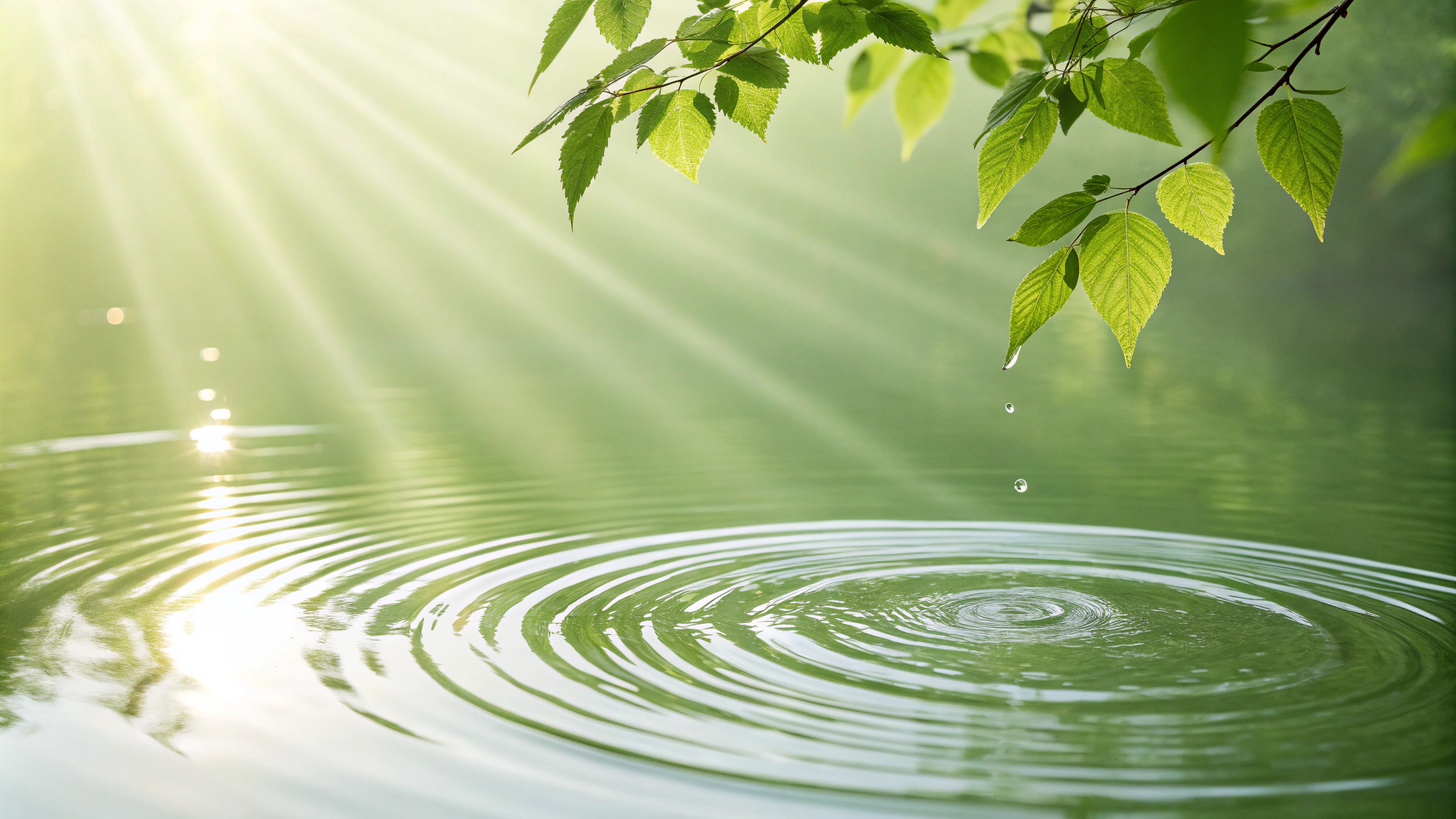 AI generated image by Red Panda AI: A warm, soft green solid background with gentle, transparent water ripples spreading out. Sunlight softly filters through, creating a calm and serene atmosphere.