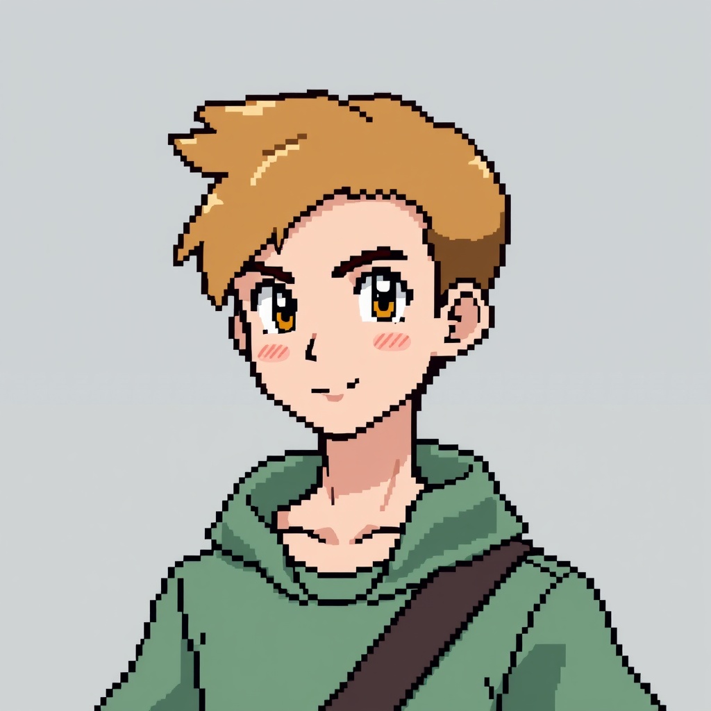 AI generated image by FLUX.1-schnell: A pixel art full body image of a man with light brown hair, a Pokémon trainer from the first generation games, with a simple background, in the style of the first generation Pokémon games.
