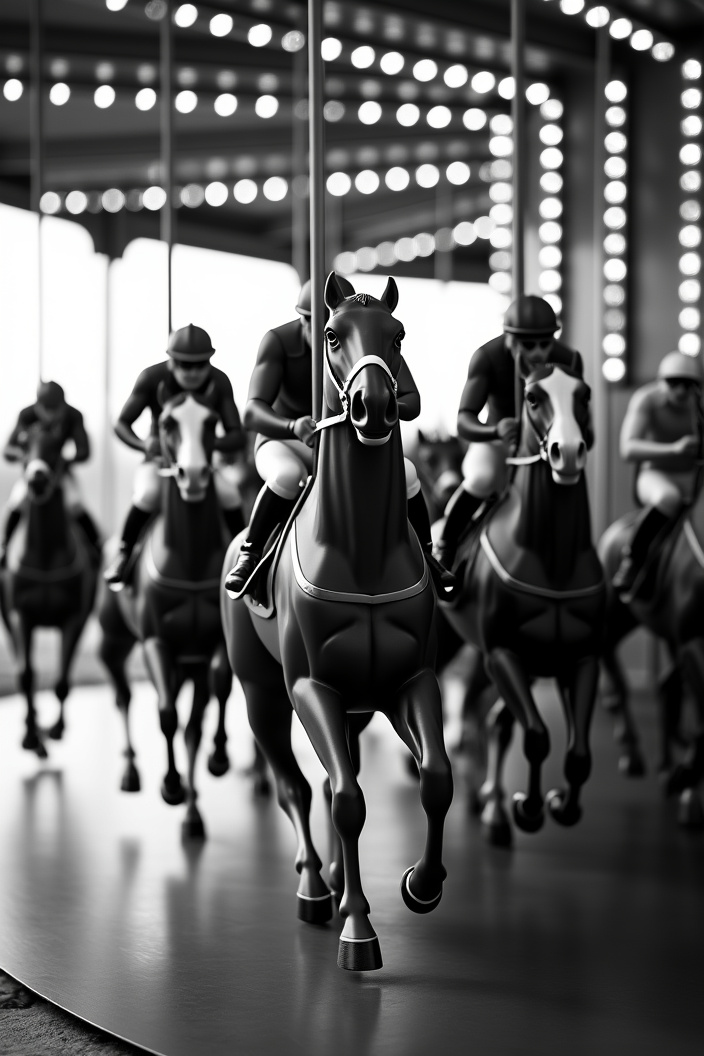 AI generated image by FLUX.1-pro: A closeup black and white photo of racing jockeys rading carousel. The race contest is very intense and dramatic. Motion blur. Backlight