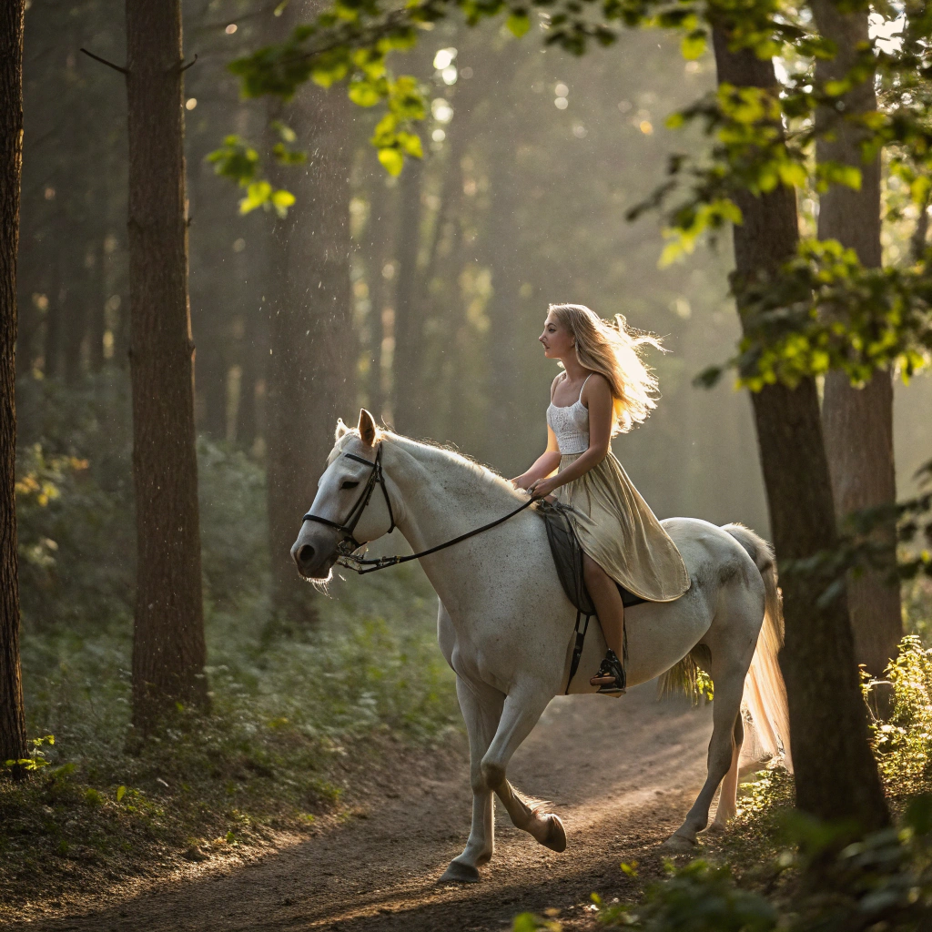 AI generated image by Red Panda AI: Rubia en caballo blanco en bosque