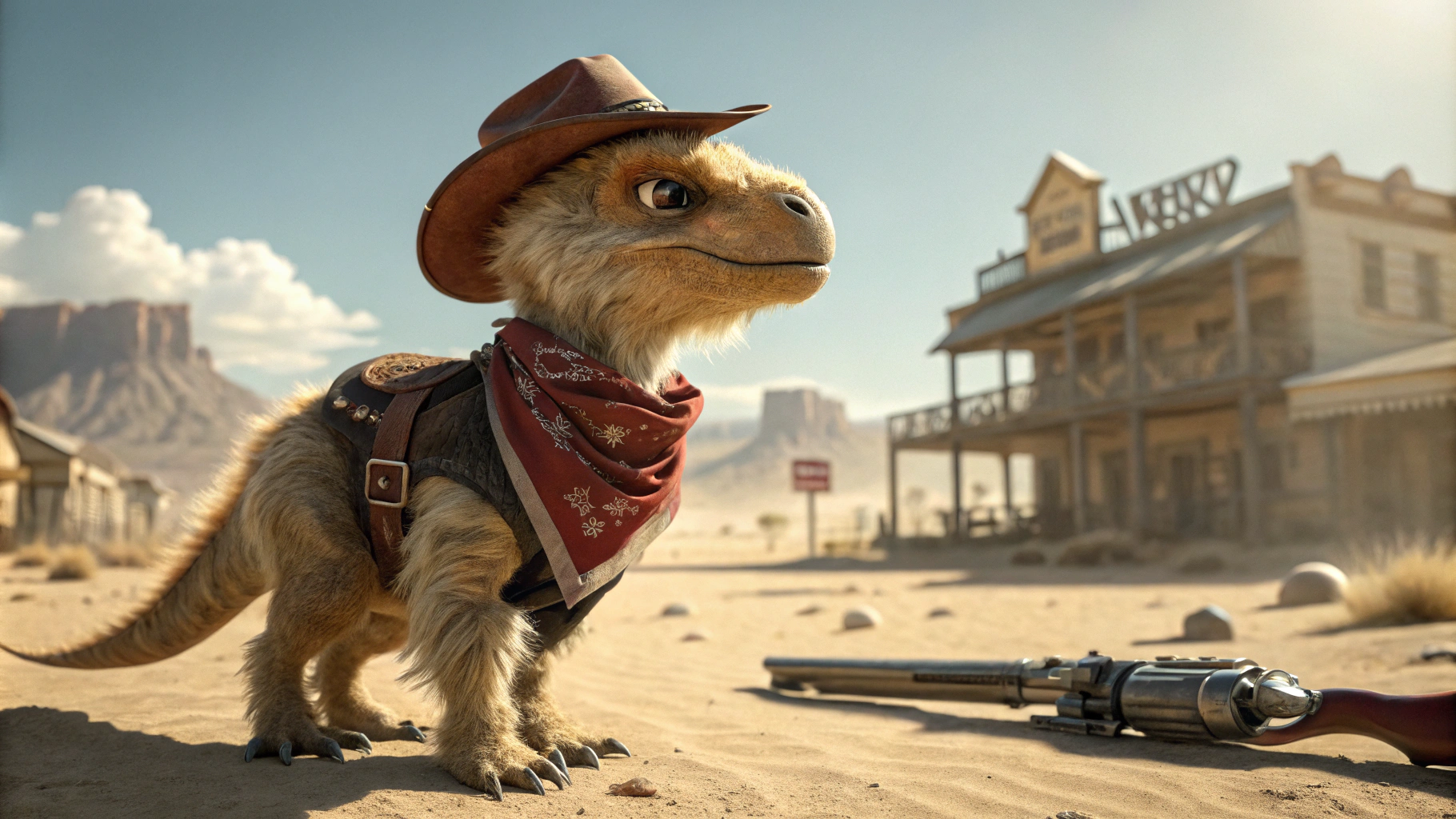 AI generated image by Recraft V3: an adorable and fluffy baby dinosaur, cowboy, bandana over mouth, western, desert, with a western village and saloon, sandstorm, old revolver, bright sky, with blur background, high quality, 8k