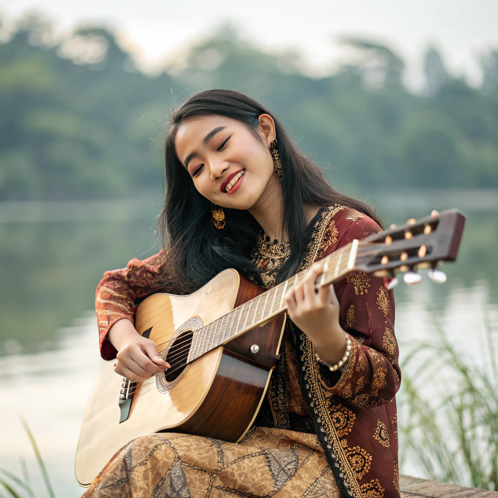 AI generated image by Red Panda AI: beautiful girl from indonesia whit guitar