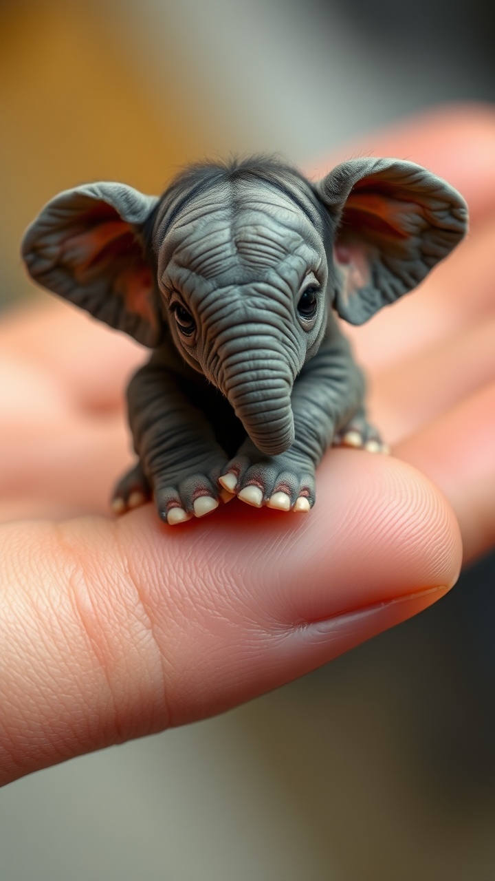 AI generated image by FLUX.1-schnell: Create a hyper-realistic image of a tiny baby elephant sitting on a human thumb. The elephant Is incredibly small, with wrinkled, gray skin and large, expressive eyes. I It holds onto the thumb with its tiny, adorable feet. The scene is focused closely on the baby elephant, highlighting its delicate features and soft fur on its body, with the human hand blurred in the background to emphasize the size contrast.