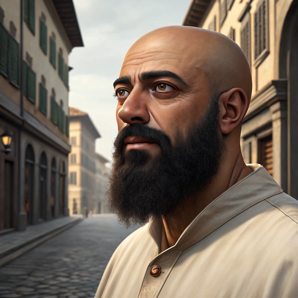 AI generated image by Red Panda AI: A portrait of a bald man with a black beard and expressive eyes, appearing to be 52 years old but well-preserved. He has a medium build, neither thin nor overweight. His face has a defined contour, with thick eyebrows and a serious yet relaxed expression. He is wearing a light-colored shirt. The background depicts a street in Florence, Italy, with Renaissance-style architecture, cobblestone streets, and warm, soft lighting to complement the portrait. The style is inspired by Leonardo da Vinci, featuring detailed brushwork and a harmonious integration of the subject with the background.