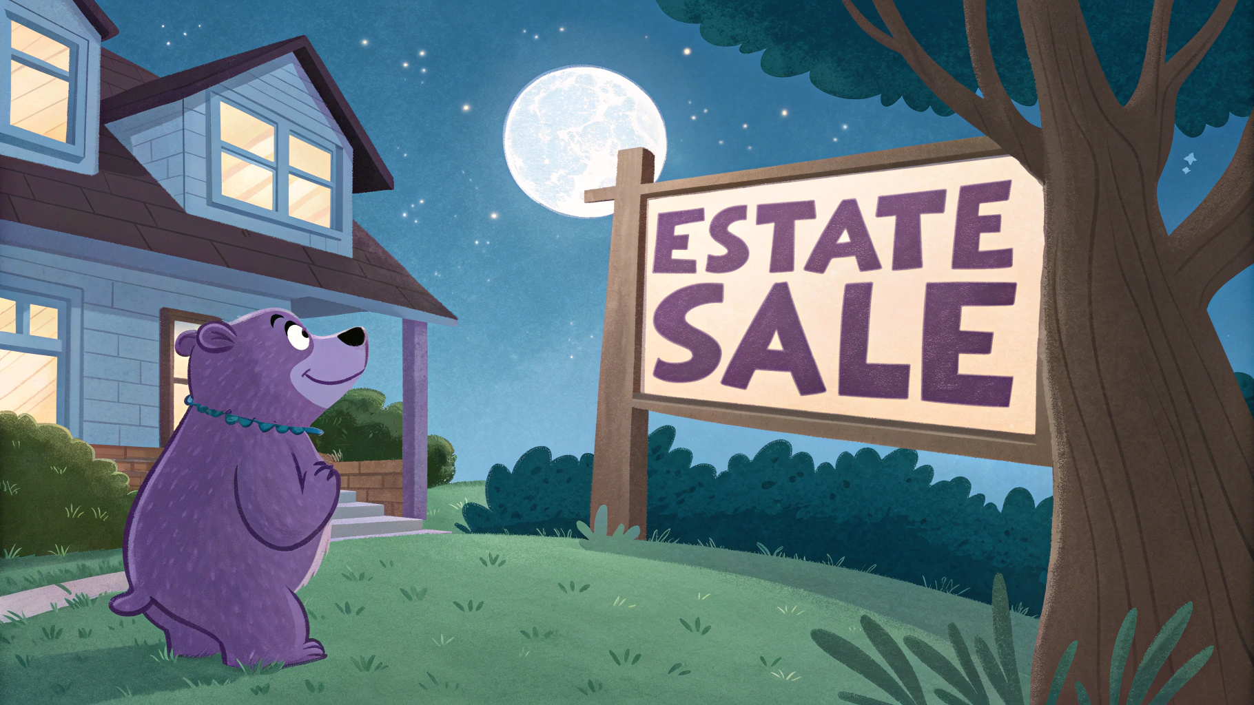 AI generated image by Red Panda AI: a purple bear is outside a nice house and clean house, the house is clean and well-kept, the purple bear is looking up at a blue moon in the sky, there is a big sign that says "Estate Sale" in clear bold readable font, the sign in the yard says "Estate Sale" in big letters, the house is a nice house the kind that grandma lives in
