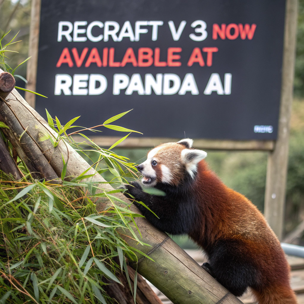 AI generated image by Red Panda AI: a red panda eating a bamboo in front of a poster that says "recraft V3 now available at red panda ai