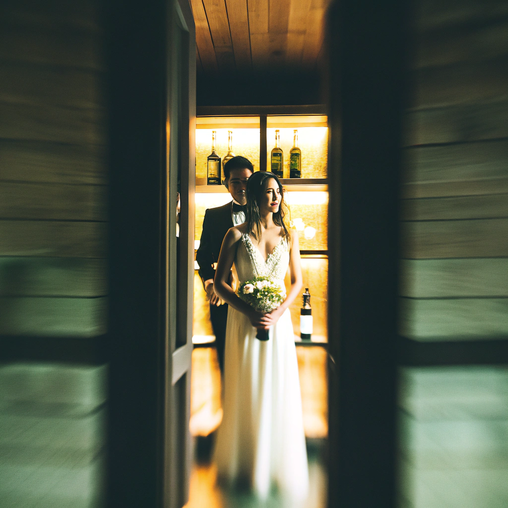 AI generated image by Red Panda AI: The image captures an intimate, romantic moment between a bride and groom, framed through a window or doorway. The focus is on the couple standing in a softly lit, rustic interior. The groom, dressed in dark formal attire, stands behind the bride, holding her gently around the waist. The bride wears a voluminous, flowing white gown with delicate lace details on the bodice and a low back. Her hair is styled in loose waves, cascading over her shoulder. The couple looks off to the side, seemingly lost in a quiet, reflective moment.
The room around them is warm and elegant, with candles arranged on a shelf and wine bottles lined up neatly, adding to the vintage, intimate ambiance. The soft lighting enhances the textures and colors in the scene, creating a cozy, timeless atmosphere. The wooden frame of the window or door in the foreground adds depth, making the viewer feel as though they're witnessing a private, serene moment between the couple.
