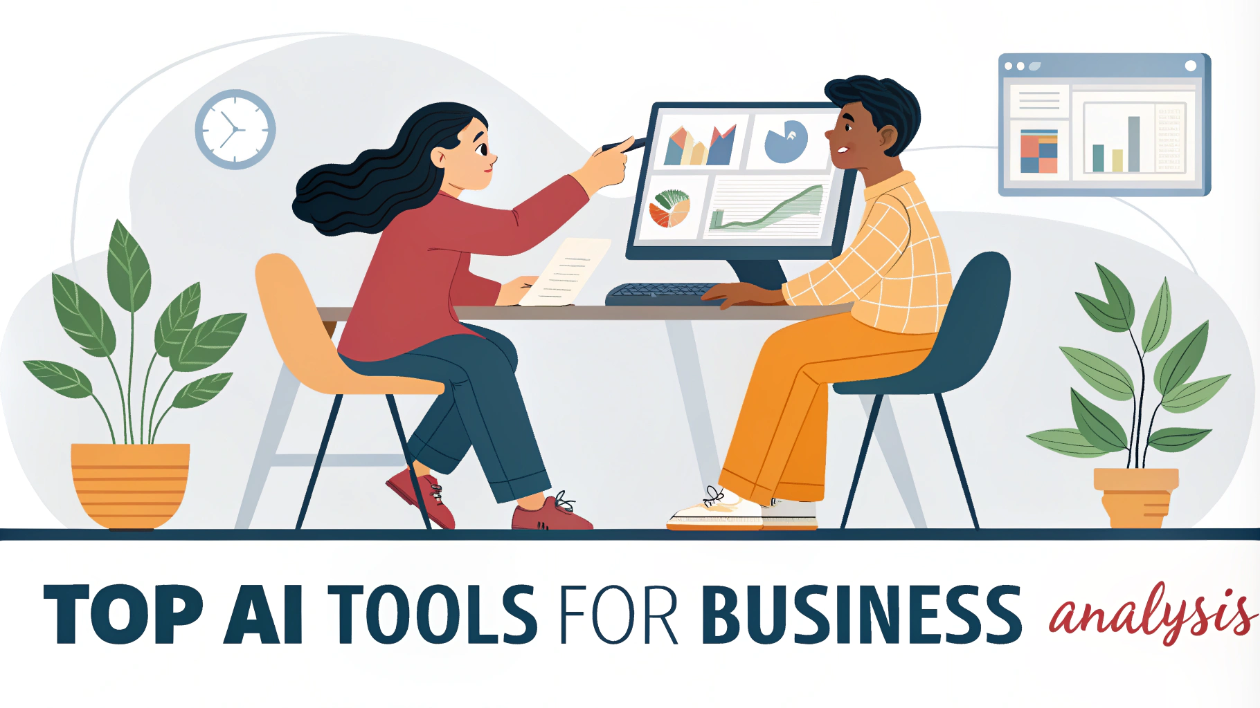 AI generated image by Red Panda AI: Please make an image of a girl and boy discussing business plan while looking at a some data in their computer. Also add text " Top AI Tools For Business Analysis" in the bottom of the image