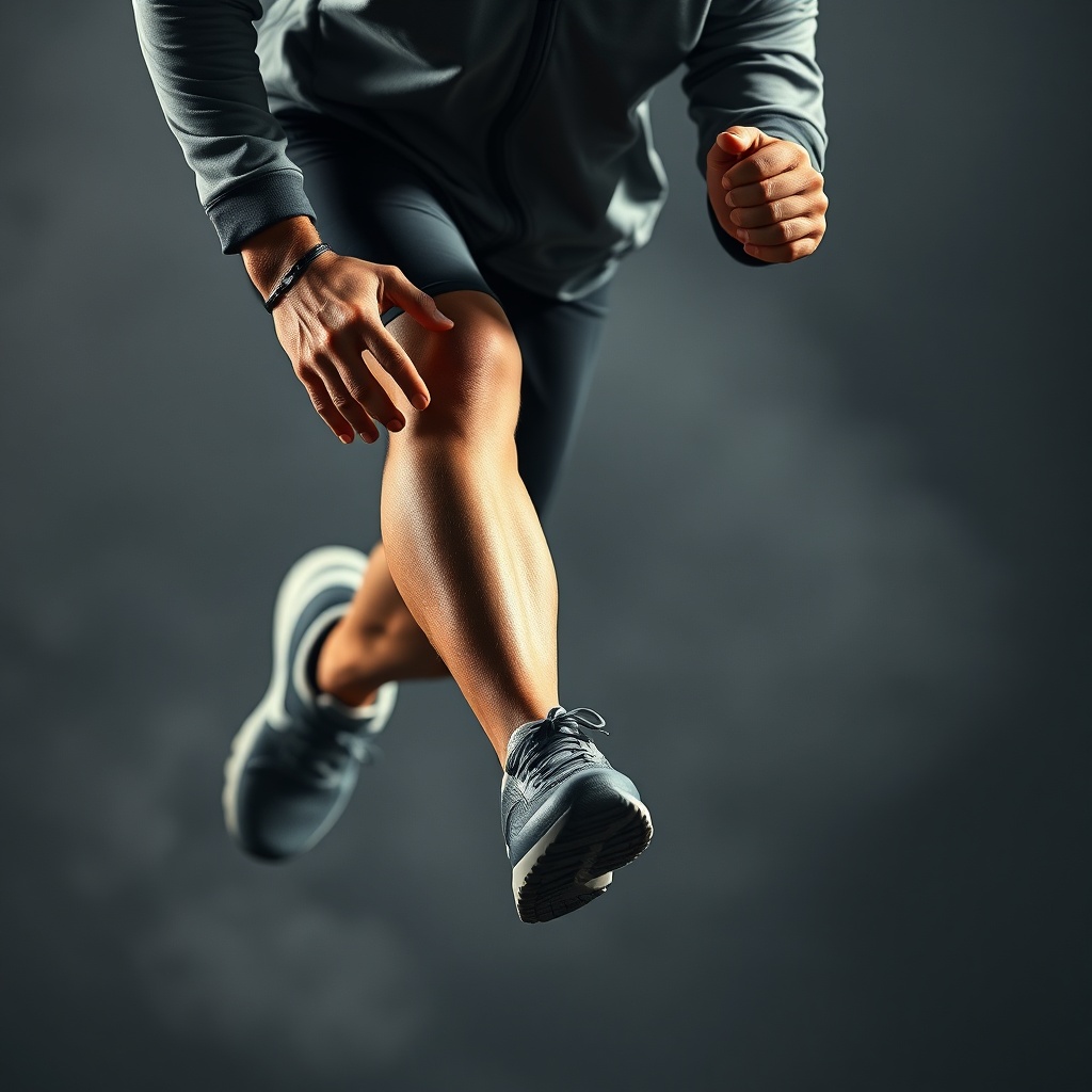 AI generated image by FLUX.1-schnell: Ultra-realistic commercial sports advertising image. Professional adult athlete running mid-stride, wearing minimalistic high-performance sneakers and neutral sportswear. Hands actively moving with the run, anatomically correct, exactly five fingers on each hand, natural finger movement, correct joints and knuckles, no deformation. Natural realistic face, correct facial anatomy, realistic proportions, natural skin texture, visible pores, subtle sweat, focused expression, realistic eyes, nose, and mouth, no distortion. DSLR look, 85mm lens, shallow depth of field, sharp focus on hands and face, motion blur only on background. Dramatic studio lighting, high contrast, subtle fog, sharp textures. No logos, no text, no branding visible.