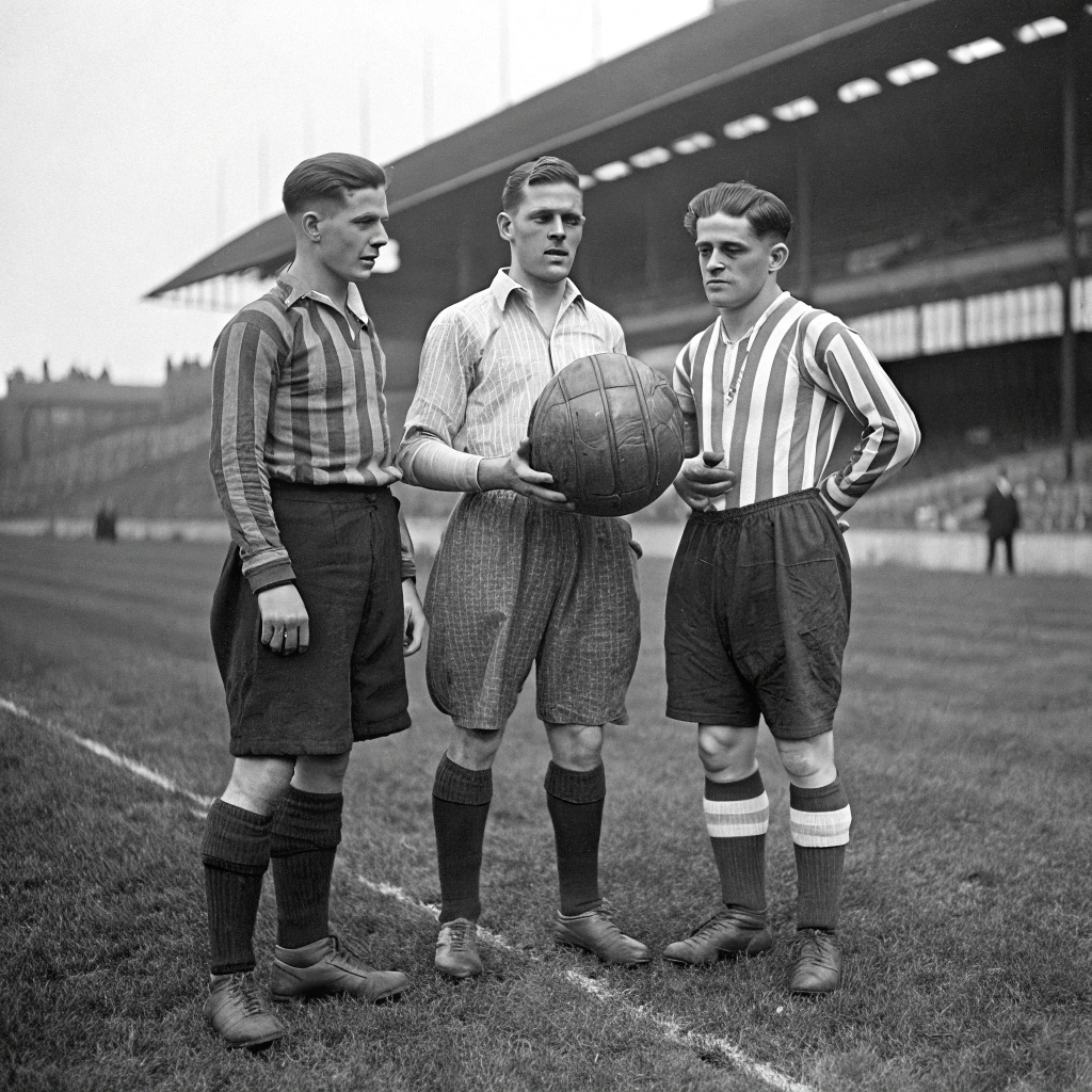 AI generated image by Red Panda AI: Soccerball players , old ball, first players, grass, stadion, black and white photo