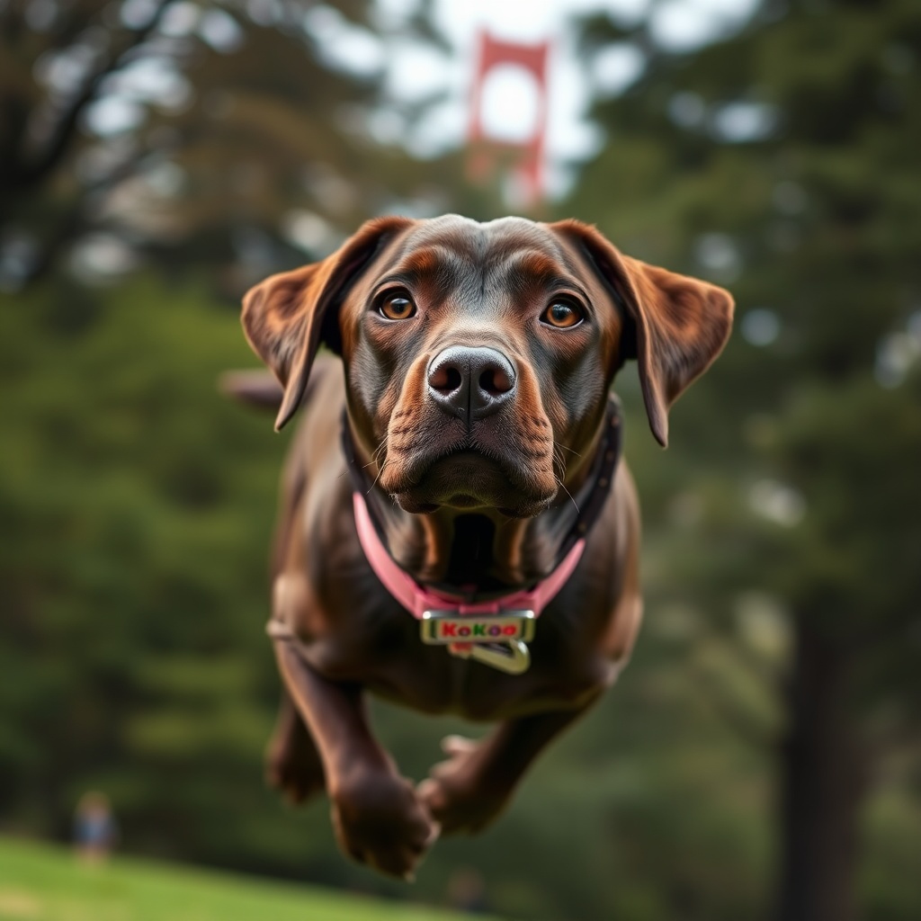 AI generated image by FLUX.1-schnell: A chocolate lab flying over golden gate park, while looking with soulful eyes. The pink collar should have KoKo prominenly written & visible on the collar.
