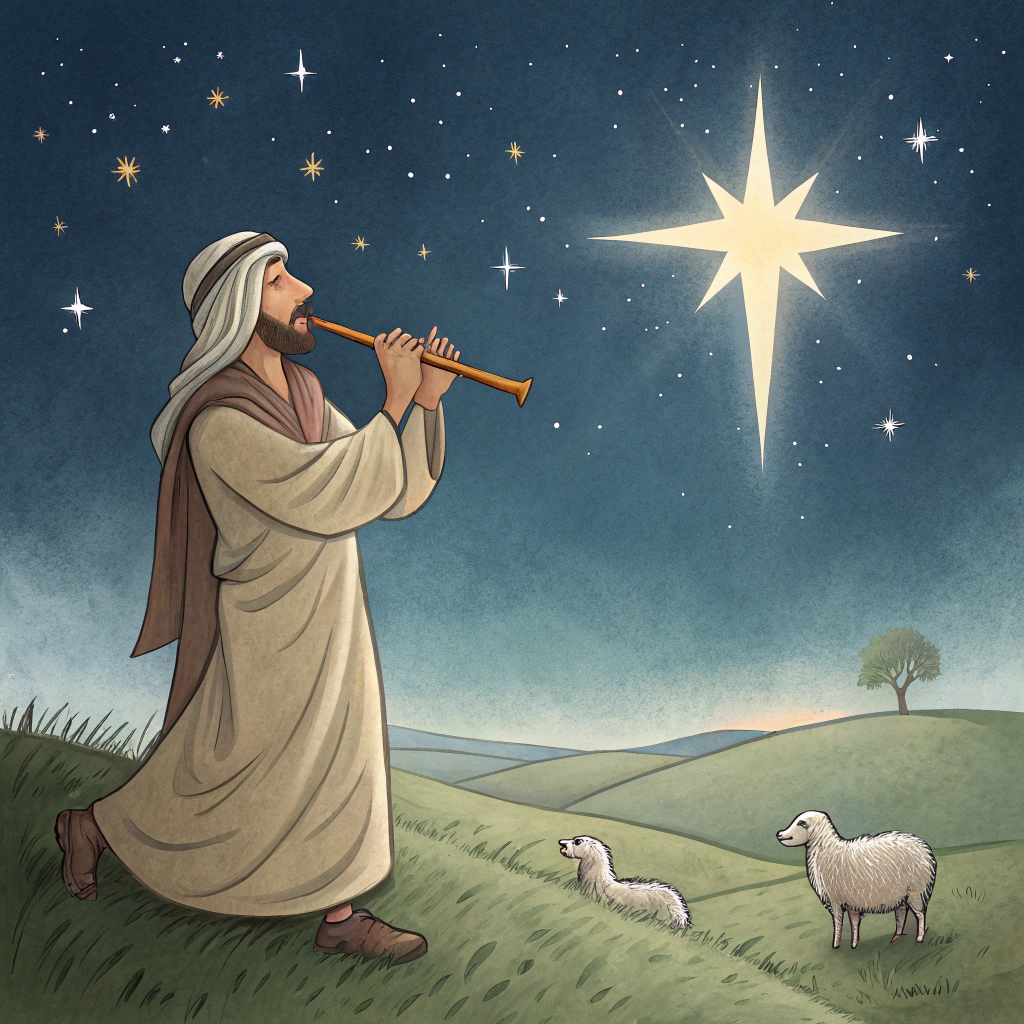 AI generated image by Red Panda AI: A Coptic shepherd playing a traditional instrument (e.g., a ney flute or a simsimiyya lyre) while gazing at the star of Bethlehem. This image celebrates the joy and announcement of Christ's birth.